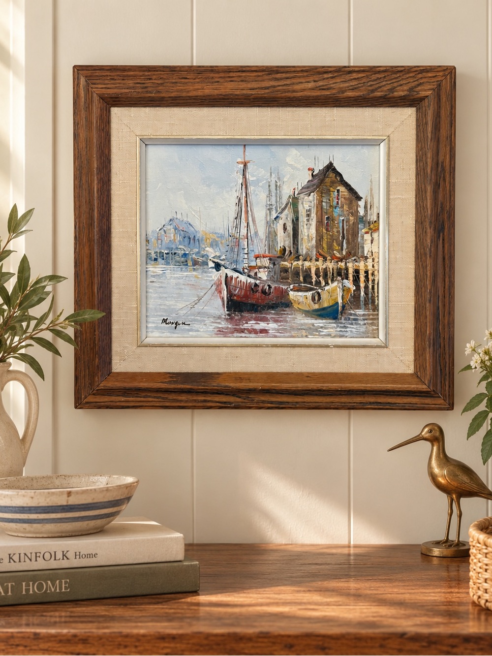 Vintage Original Oil Painting Harbor Scene Boats Rustic Wood Frame